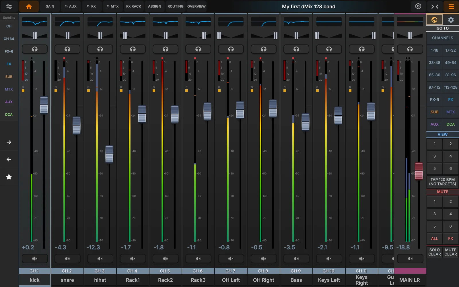 The main mixer view — Main view · 8-strip bank · Master right