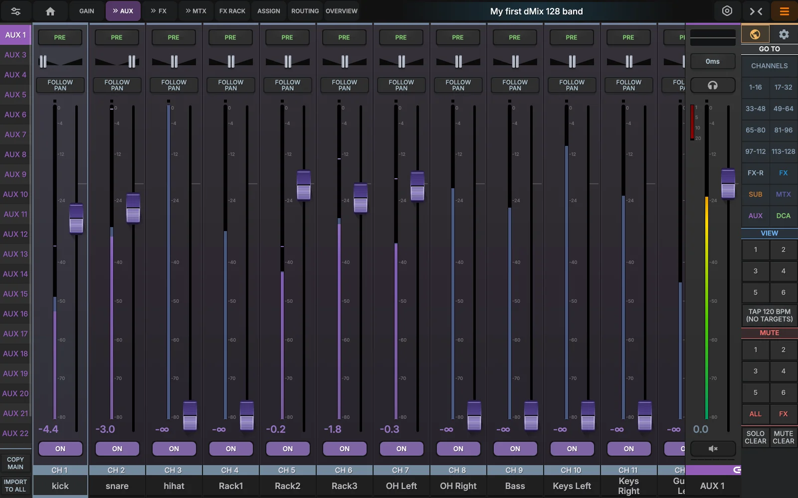 Aux & FX sends — Sends · CH 09 · Vocal · 24 aux + 8 FX