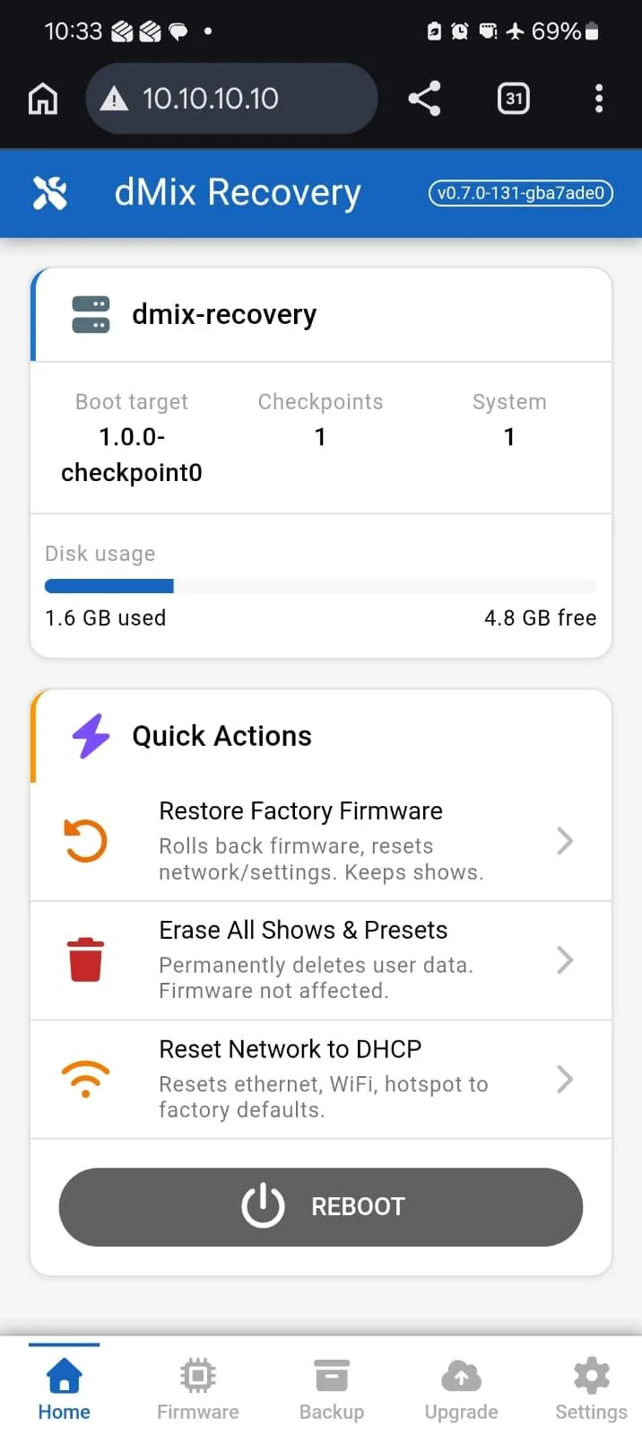 Home tab: system overview, disk usage and quick actions.