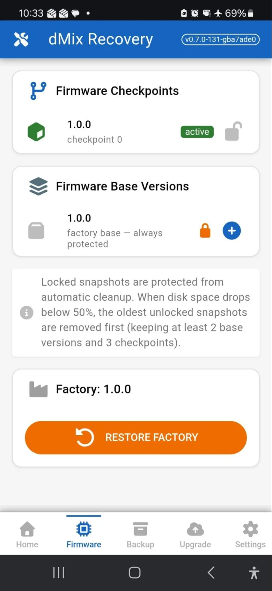 Firmware tab: active checkpoint and protected factory base.