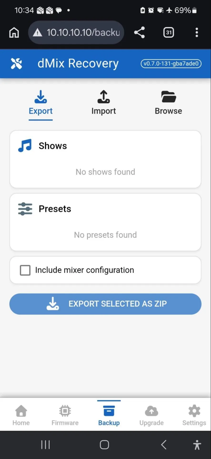 Backup tab: export shows / presets and optionally include mixer configuration.